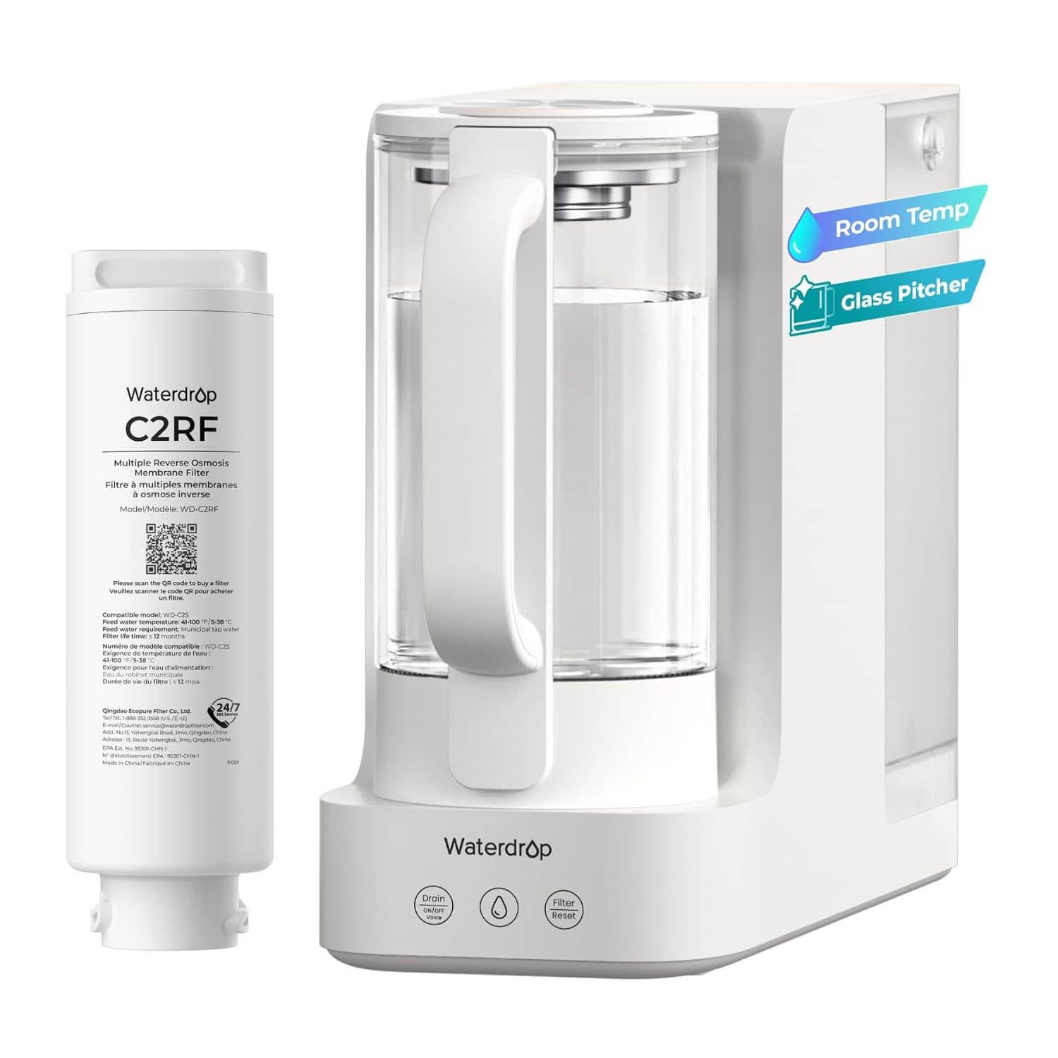 Waterdrop - C2S Countertop RO Filtration System, 40oz Autofill Glass Pitcher, EXTRA C2RF Filter - White price history on PriceWatchPro