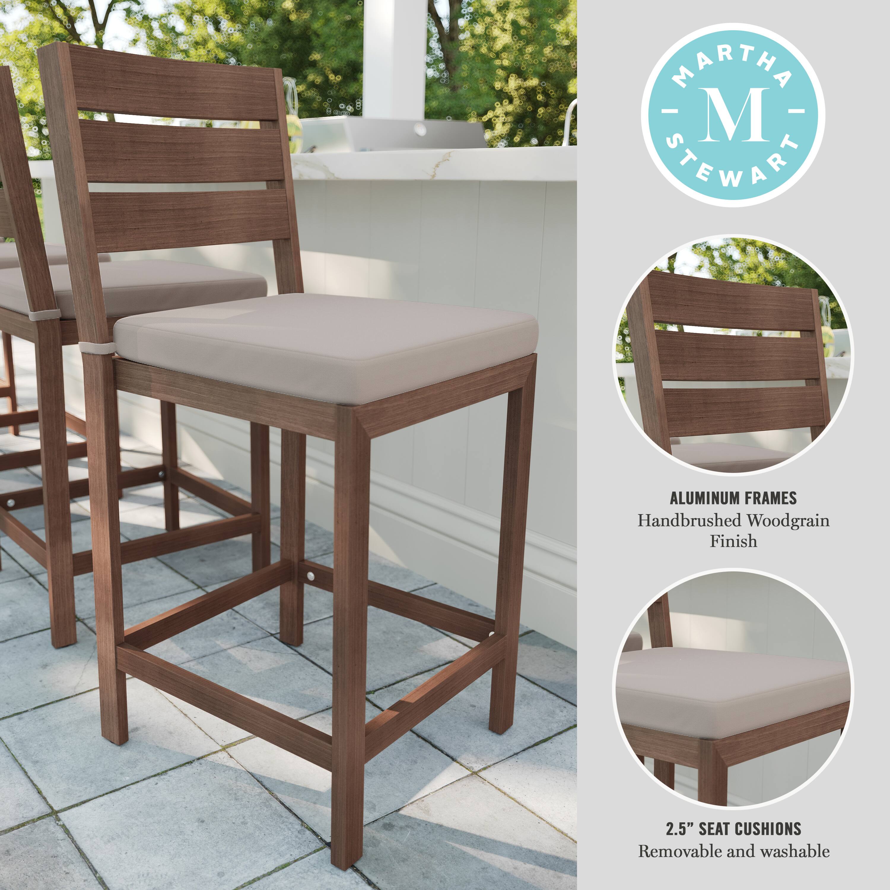 The text on the image reads: "Martha Stewart Aluminum Frames Handbrushed Woodgrain Finish 2.5" Seat Cushions Removable and Washable."