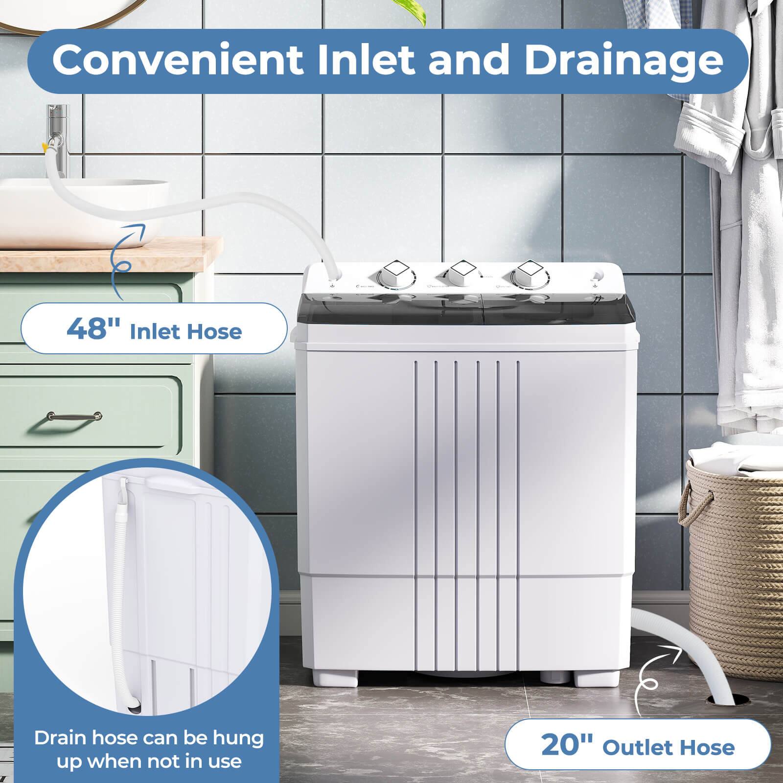 Convenient Inlet and Drainage

48" Inlet Hose

Drain hose can be hung up when not in use

20" Outlet Hose