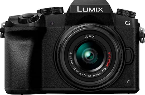 Front. Panasonic - LUMIX G7 Mirrorless 4K Photo Digital Camera Body with 14-42mm f3.5-5.6 II Lens - DMC-G7KK - Black.