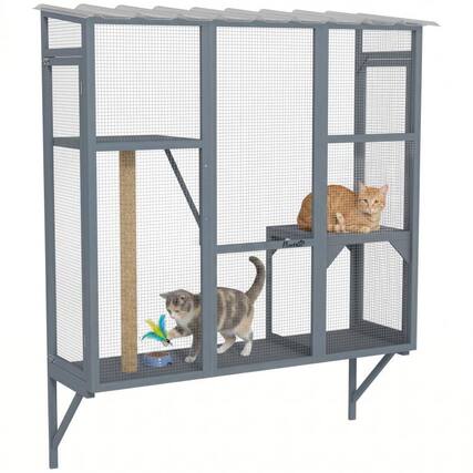 Front. PULUZ - Catio Outdoor, Window Catio for 2-3 Large Indoor Cats w/ 2 Jumping Platforms, Scratching Post, for Playing, Napping.