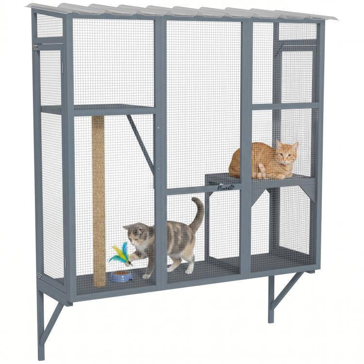 Front. PULUZ - Catio Outdoor, Window Catio for 2-3 Large Indoor Cats w/ 2 Jumping Platforms, Scratching Post, for Playing, Napping.