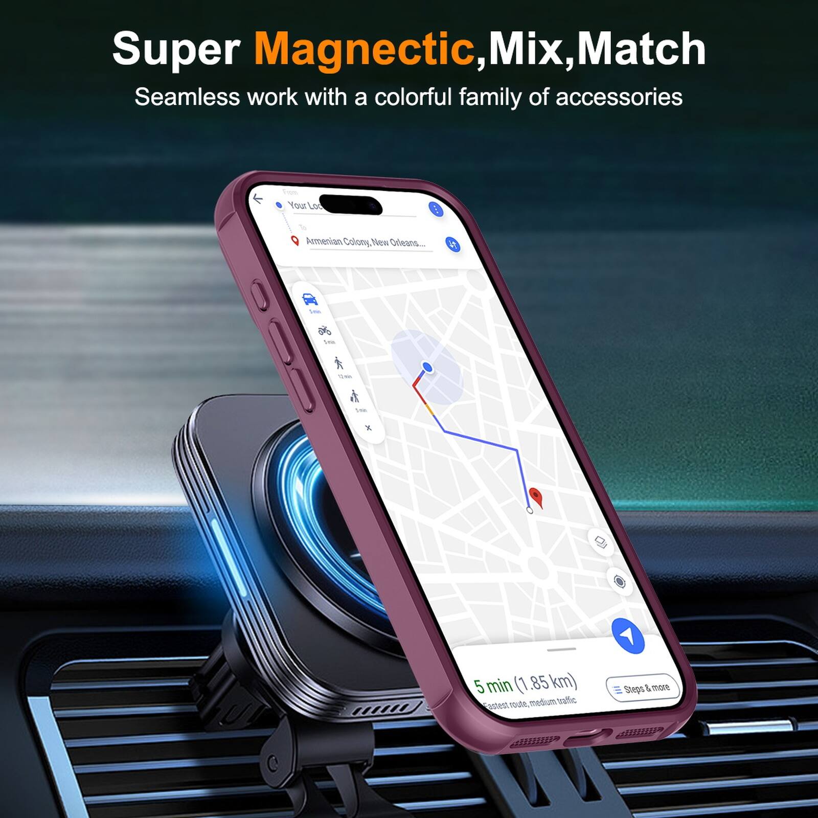 Super Magnetic, Mix, Match  
Seamless work with a colorful family of accessories  

From Your Location  
Armenian Colony, New Orleans...  

Stite ey: Vela  
12th is  

5 min (1.85 km) route, medium traffic  
Fastest  
Steps & more
