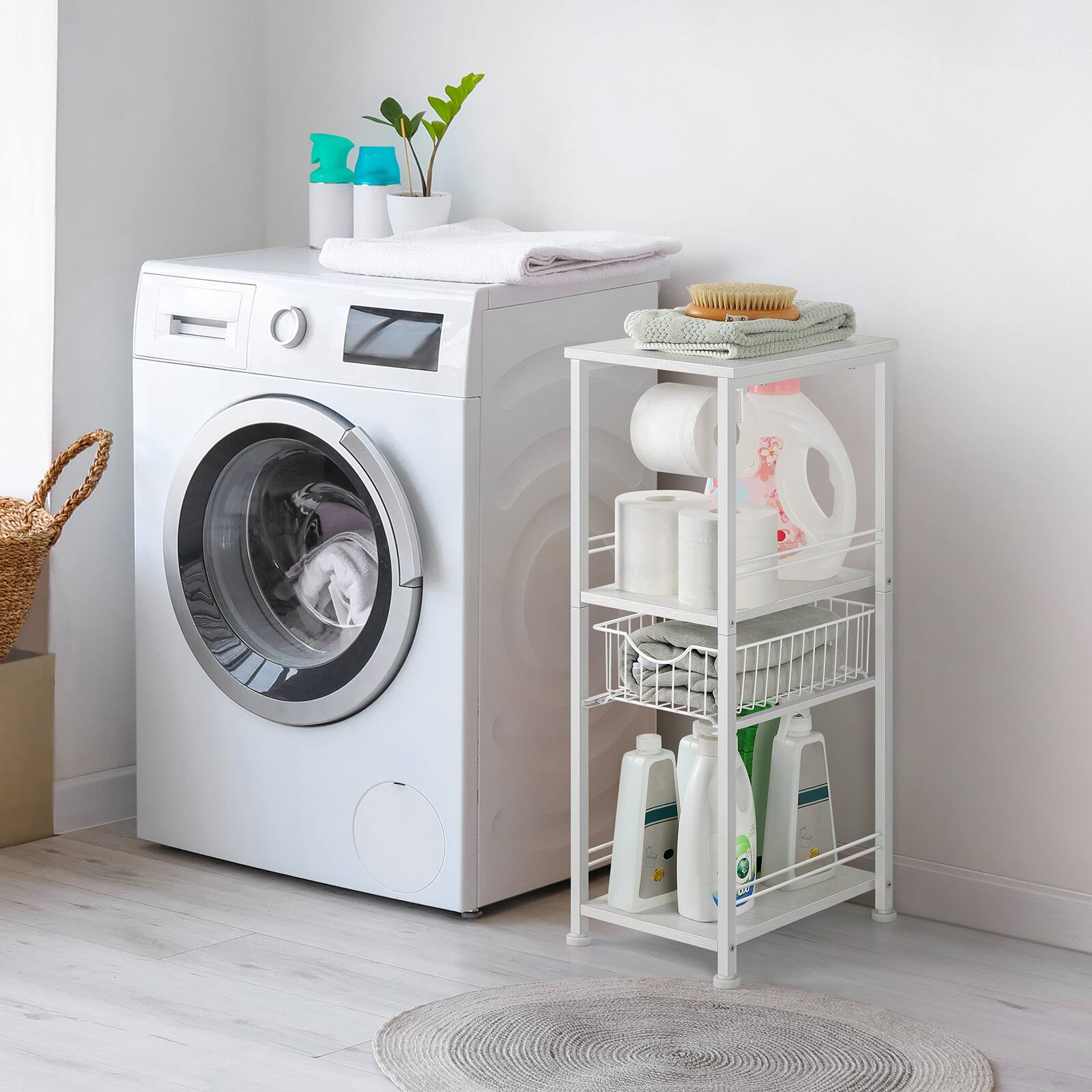 Alt View 1. Oumilen - Bathroom Storage Rack with Basket and Toilet Paper Holder, White - White.