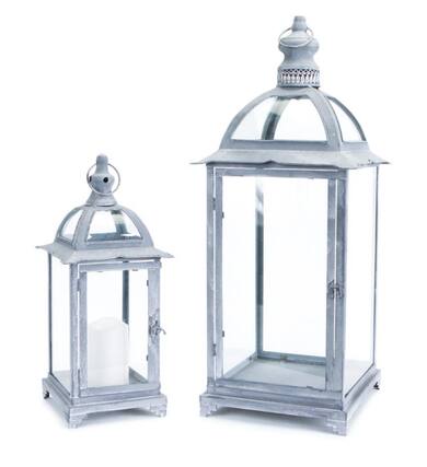 Front. Melrose - Set of 2 Pagoda Crest Weathered Iron and Glass Pillar Candle Holder Lanterns 26" - Gray.