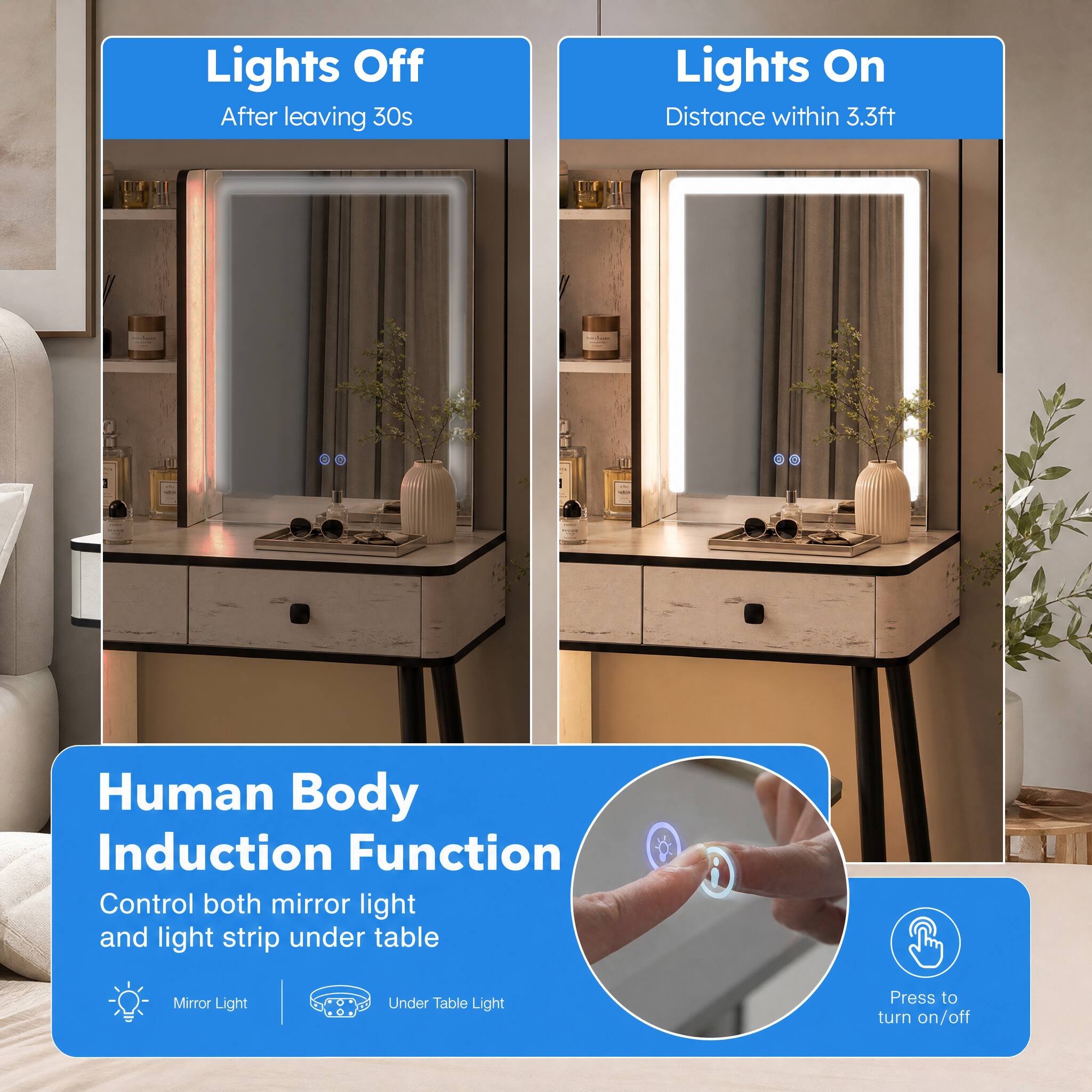 Lights Off  
After leaving 30s

Lights On  
Distance within 3.3ft

Human Body Induction Function  
Control both mirror light and light strip under table

Mirror Light  
Under Table Light  
Press to turn on/off