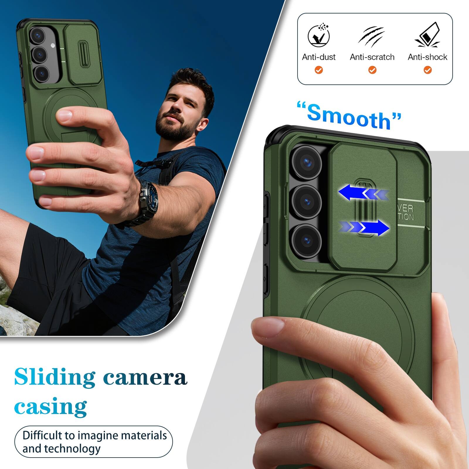 Anti-dust  
Anti-scratch  
Anti-shock  

"Smooth"  

Sliding camera casing  
Difficult to imagine materials and technology