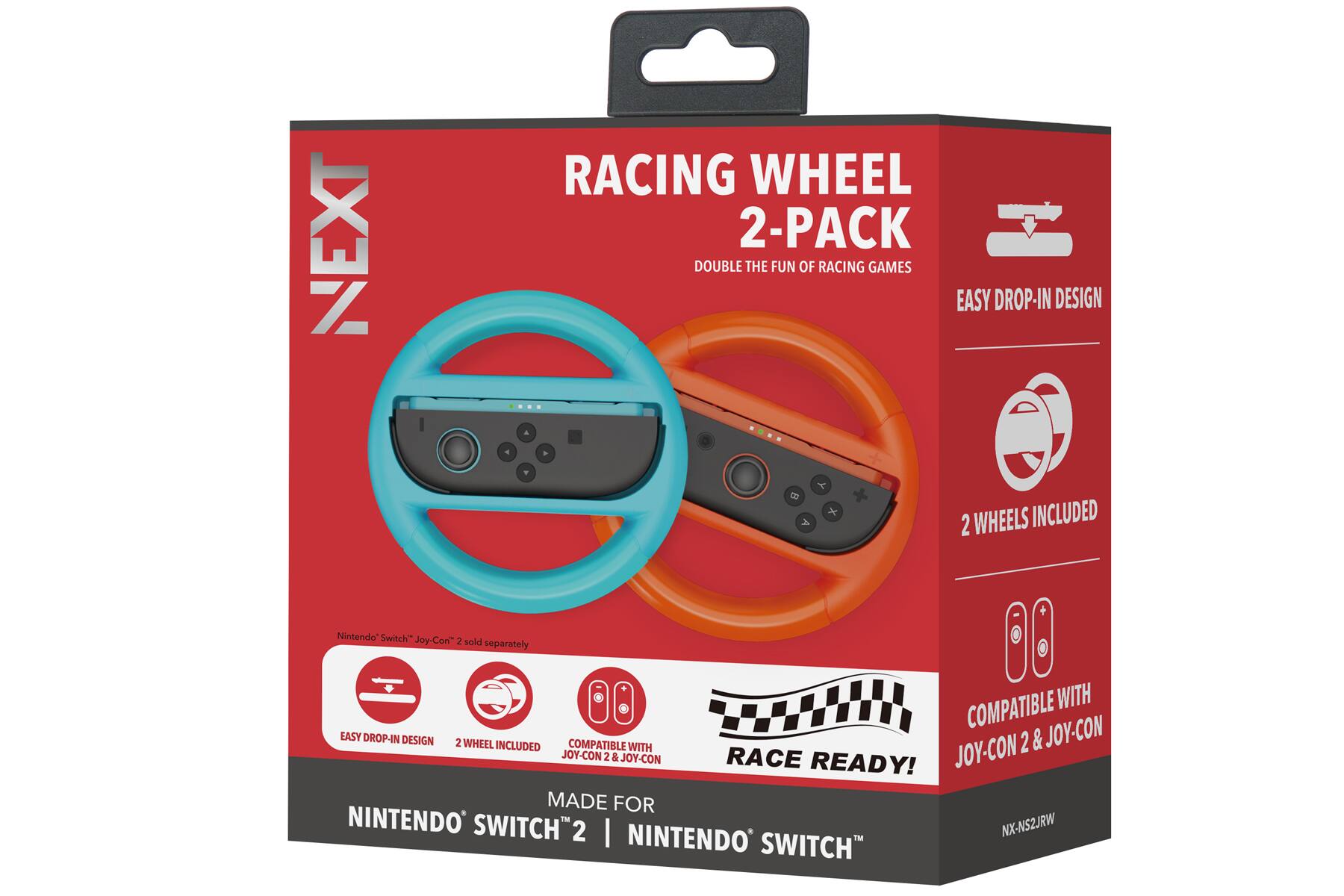 **NEXT RACING WHEEL 2-PACK**

- **Double the fun of racing games**
- **Easy drop-in design**
- **2 wheels included**
- **Compatible with Joy-Con 2 & Joy-Con**
- **Made for Nintendo Switch 2 | Nintendo Switch**

**Features:**
- Easy drop-in design
- 2 wheels included
- Compatible with Joy-Con 2 & Joy-Con

**Product Code:**
- NX-NS2JRW

**Note:**
- Nintendo Switch Joy-Con 2 sold separately