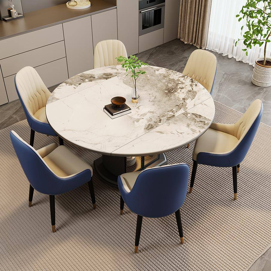 Back. POVISON - Modern Upholstered Dining Chairs Set of 2, Leather Dining Chairs with Arms, Breakfast Table Chairs, Navy Blue - Gray & Beige PU Leather.