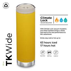 MATAIE 20 oz TKWide Climate Lock VACUUM With Climate Lock vacuum insulation, your Klean Kanteen brings a whole new level of fun and performance to life's adventures. Drinks stay cold or hot up to: 63 hours iced, 17 hours hot. BPA free.