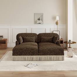 Anysun - Modular Comfy Leopard Printing Loveseat with Exquisite Tassel Trimmings and 2 Movable Ottomans - Brown