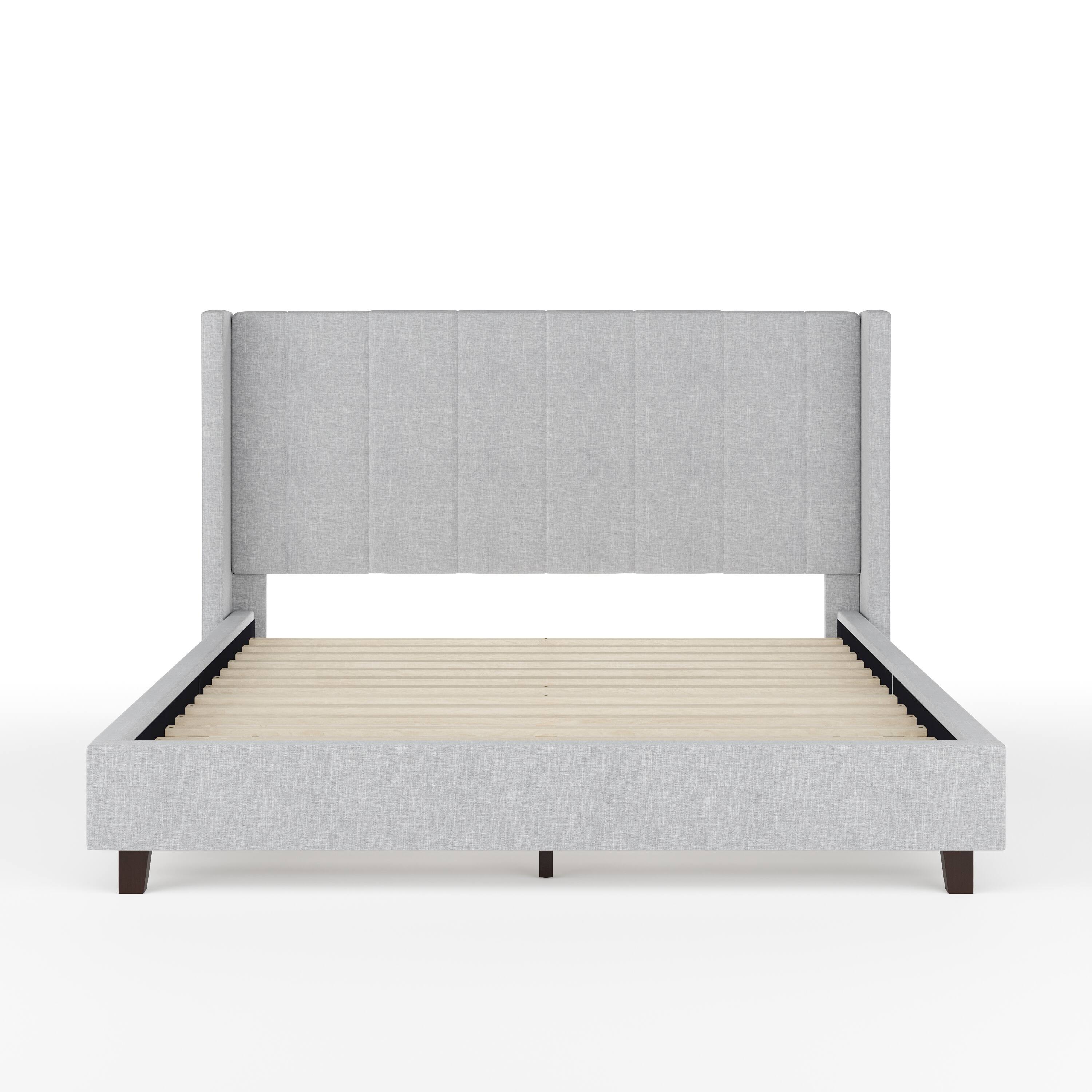Alt View 18. Martha Stewart - Kay Faux Linen Queen Size Platform Bed with Channel Stitched Headboard - Gray Fabric/Black Legs.