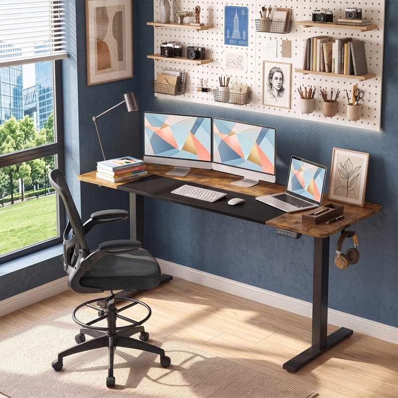 WELLFOR - 63"x 24" Height Adjustable Sit Stand Computer Desk with 3 Memory Presets&Hanging Hooks,Electric Ergonomic Stand up Desk - Rustic Brown
