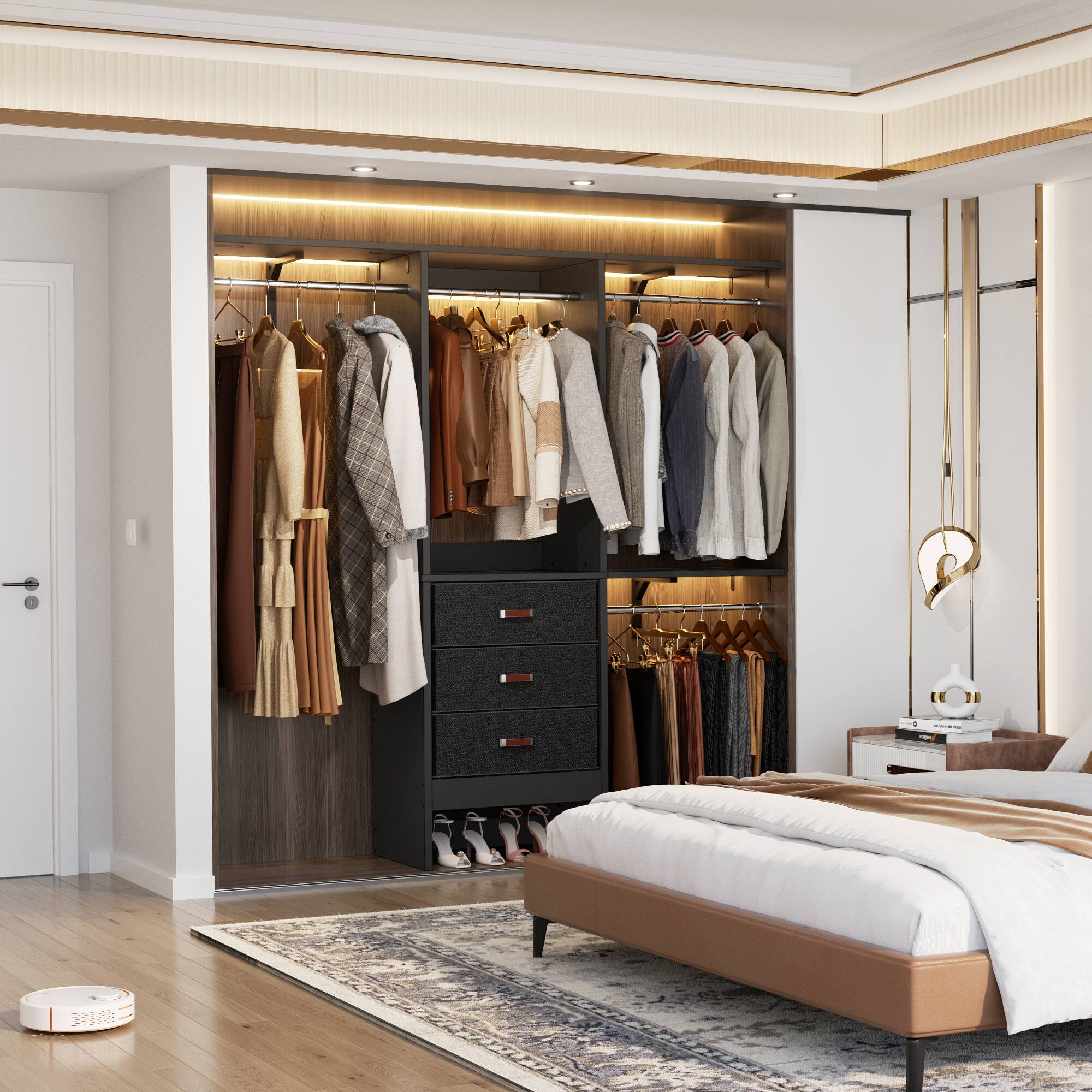 Left. Aheaplus - 60" Walk-in Closet Organizer: 3 Fabric Drawers, 3 Adjustable Shelves, Heavy Duty Garment Rack - 59"L x 16"W x 71"H - Black.
