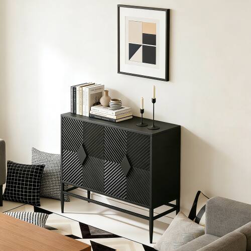 Back. LUCKY ONE - 31.5in Freestanding Modern 2 Door Wooden Storage Cabinet with Metal Legs for Living Room Entryway - Black.