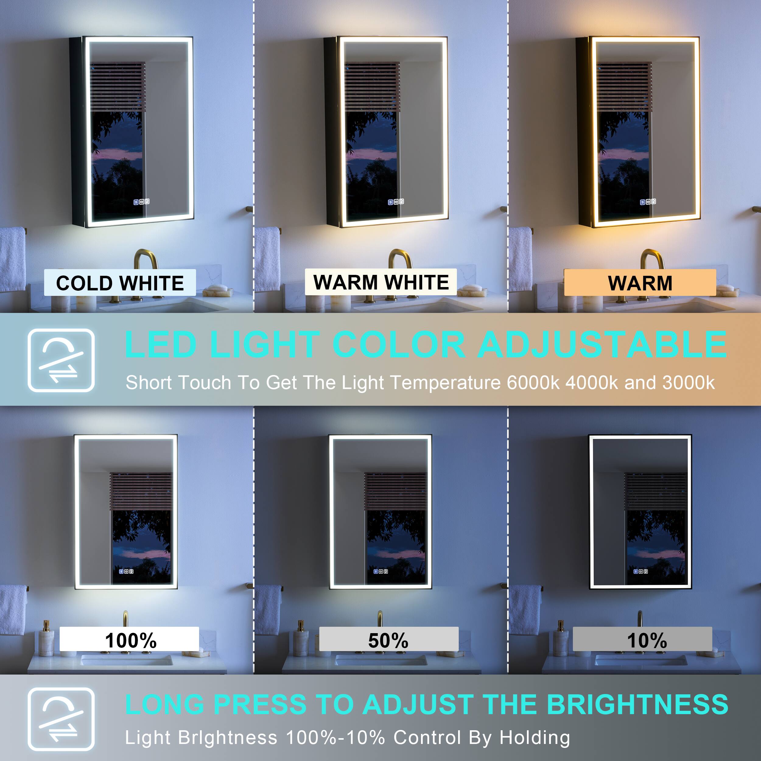 9 - COLD WHITE WARM WHITE WARM LED LIGHT COLOR ADJUSTABLE  
Short Touch To Get The Light Temperature 6000k 4000k and 3000k  

100% 50% 10%  
LONG PRESS TO ADJUST THE BRIGHTNESS  
Light Brightness 100%-10%  
Control By Holding
