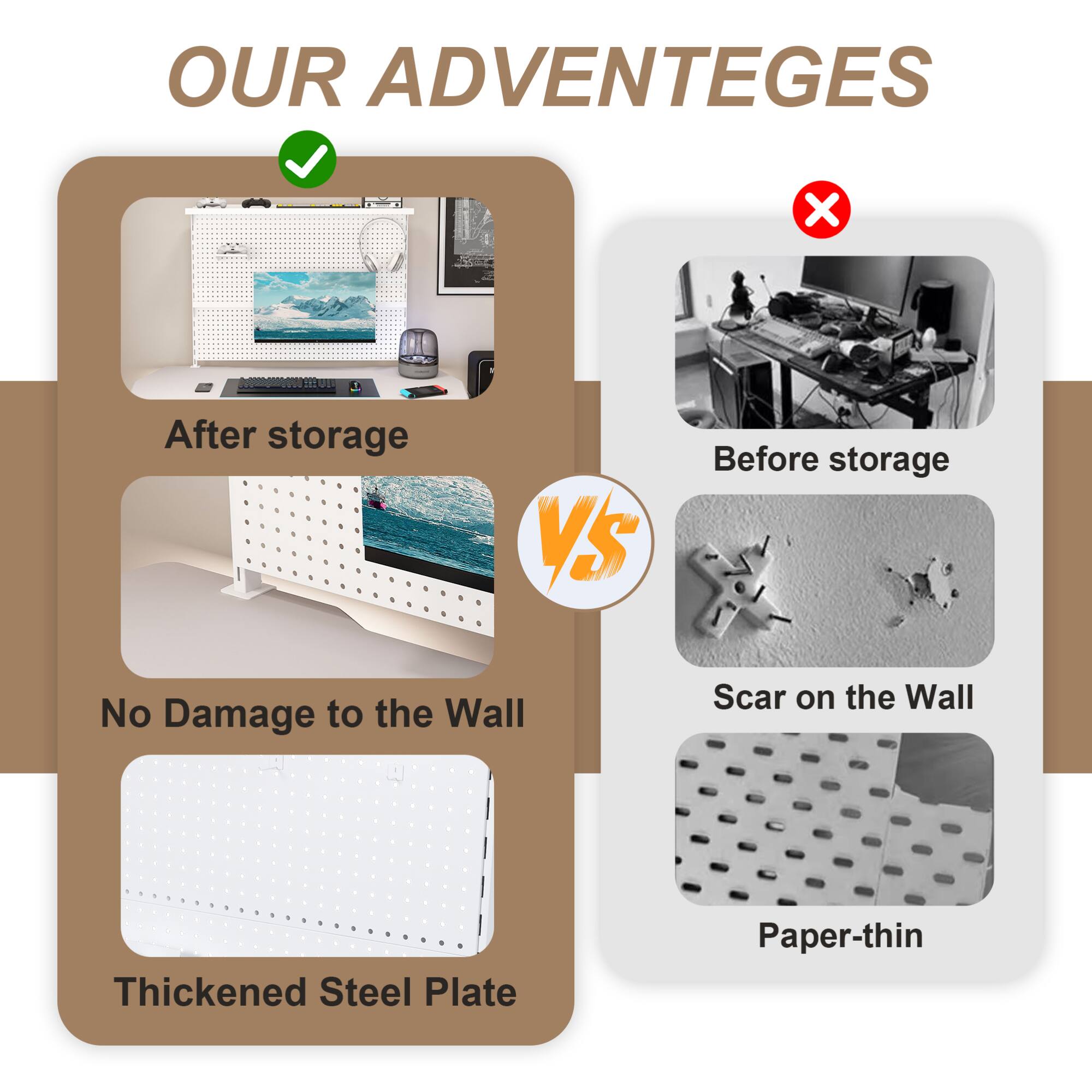 OUR ADVANTAGES

After storage

No Damage to the Wall

Thickened Steel Plate

VS

Before storage

Scar on the Wall

Paper-thin