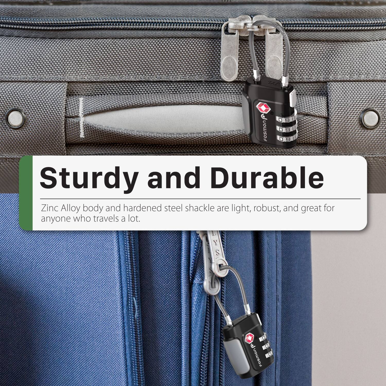 Sturdy and Durable

Zinc Alloy body and hardened steel shackle are light, robust, and great for anyone who travels a lot.