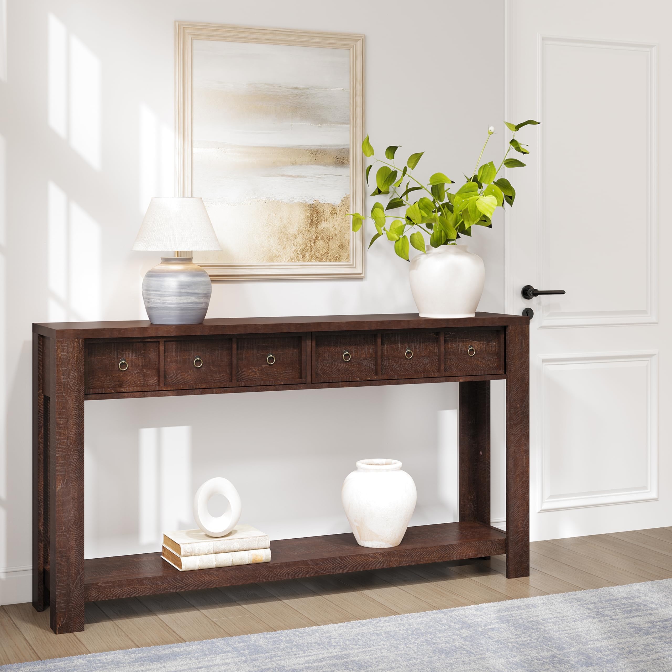 Alt View 1. Qeetex - 54-Inch Farmhouse Console Table, Wooden Entryway Table with 2 Drawers & Open Shelf for Living Room, Hallway & Foyer - Brown.