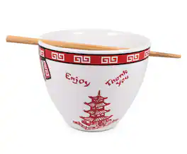 Boom Trendz - Bowl Bop Chinese Takeout Box Dinnerware Set | 16-Ounce Ramen Bowl, Chopsticks - Red