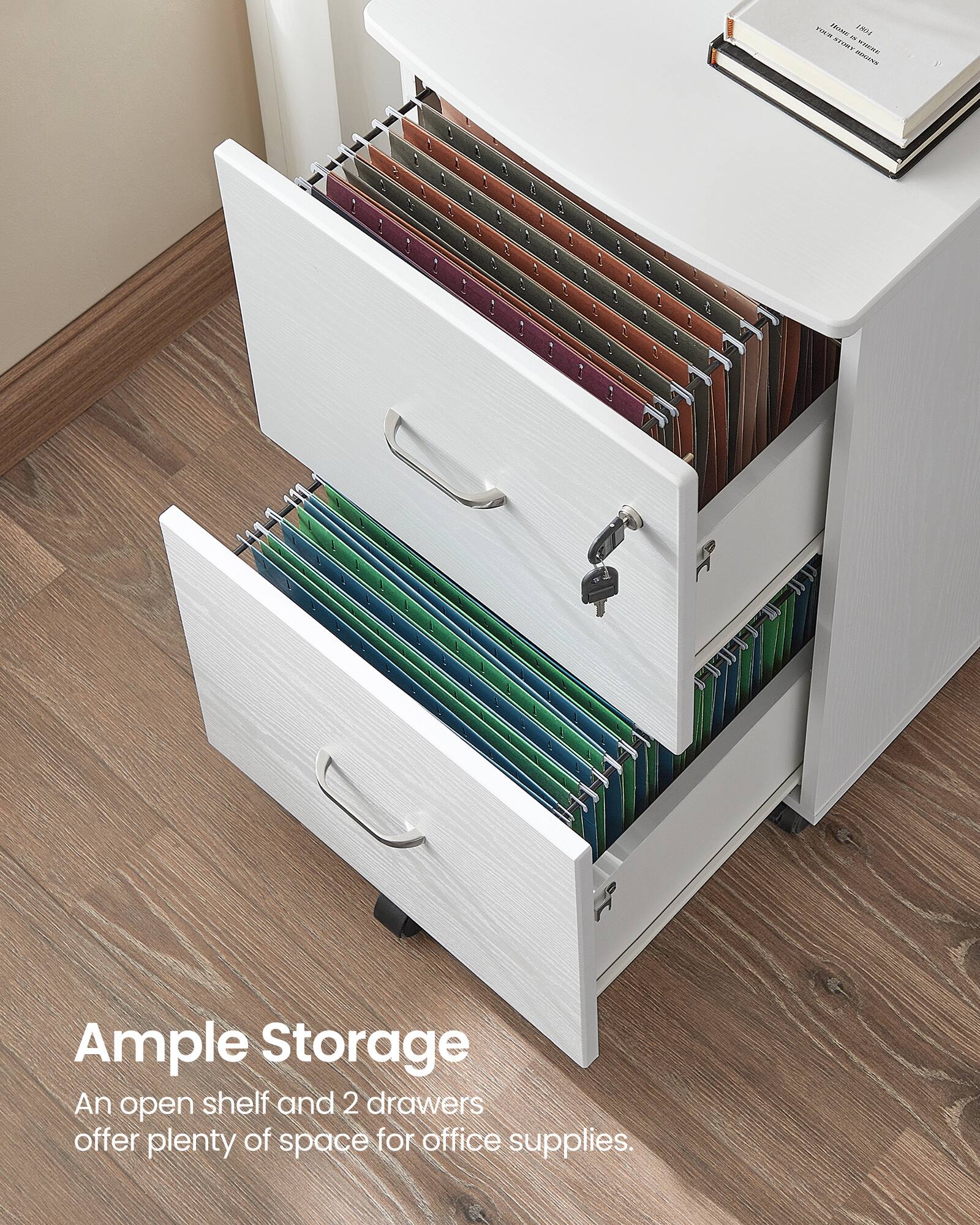 Ample Storage  
An open shelf and 2 drawers offer plenty of space for office supplies.