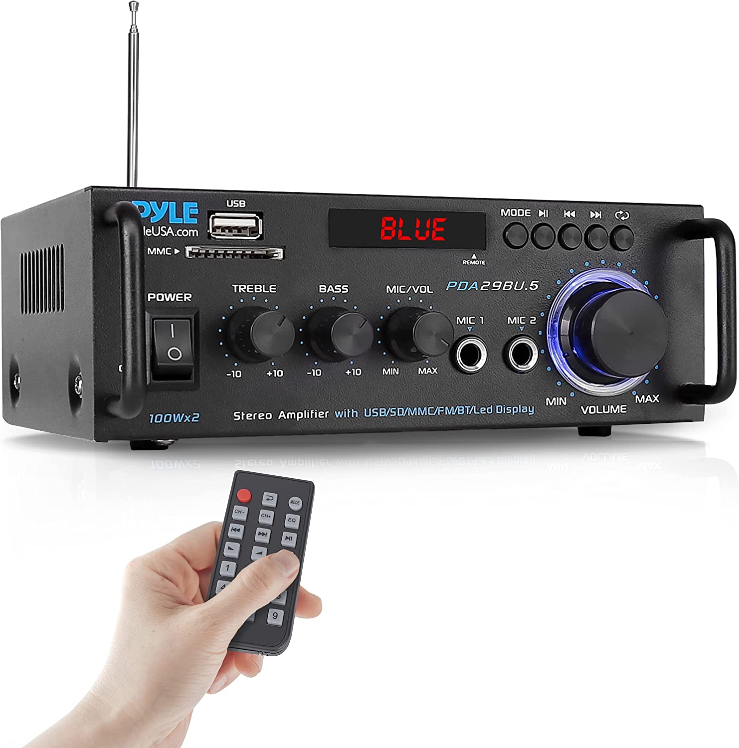 PYLE leUSA.com MMC USB MODE HI BLUE REMOTE 144 POWER TREBLE BASS MIC/VOL PDA29BU.5 MIC 1 MIC 2 -10 +10 -10 +10 MIN MAX 100Wx2 MIN MAX Amplifier with USB/SD/MMC/FM/BT/Led Display VOLUME Stereo 100MK5 w:wenenacgon SMBBDN 26.50 | 1 WI XAM CH NN F t H 00 EO A 1 9