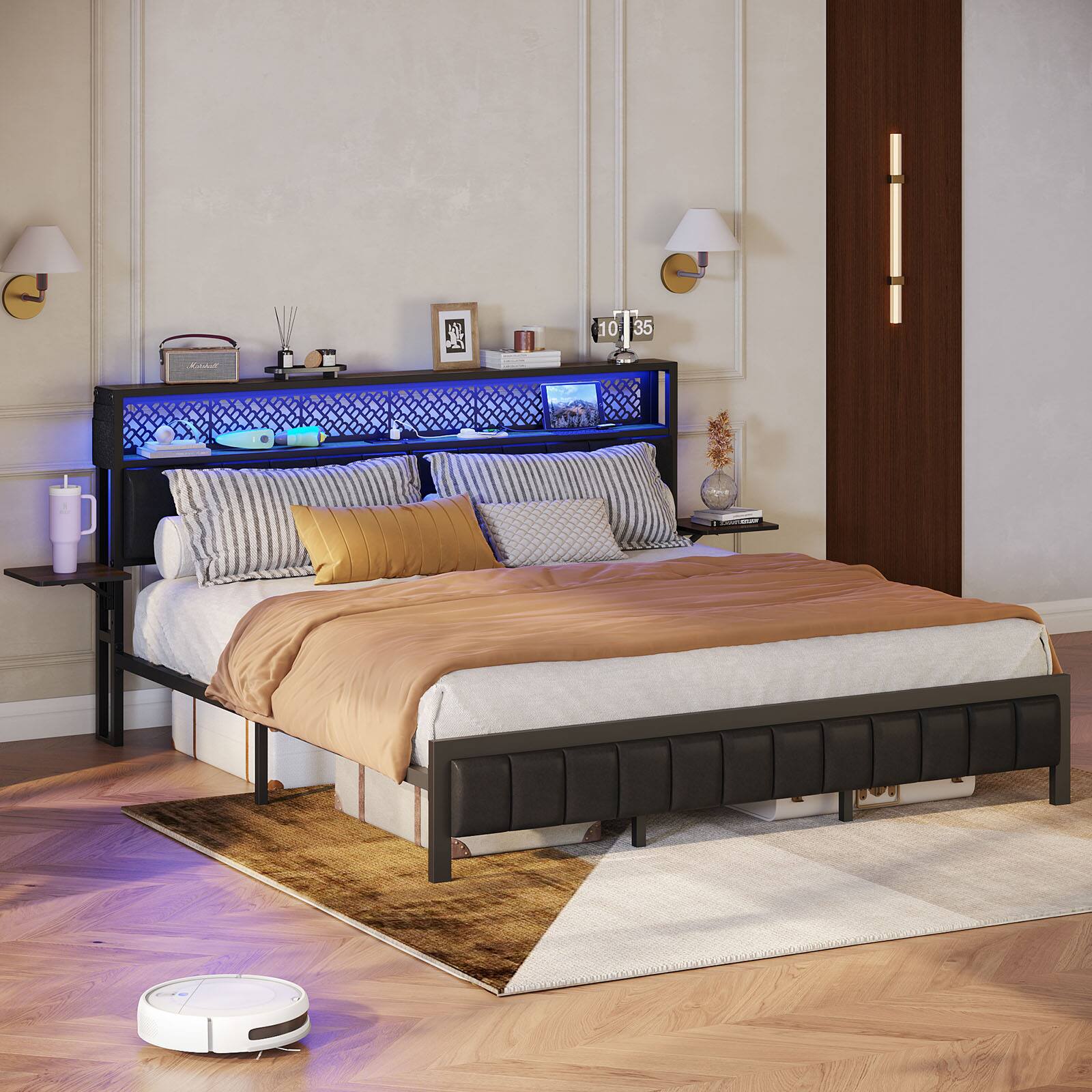Alt View 4. Bestier - Bed Frame with Headboard Foldable Shelves LED Lighting Charging Station Non-Slip Metal - Ancona Walnut.