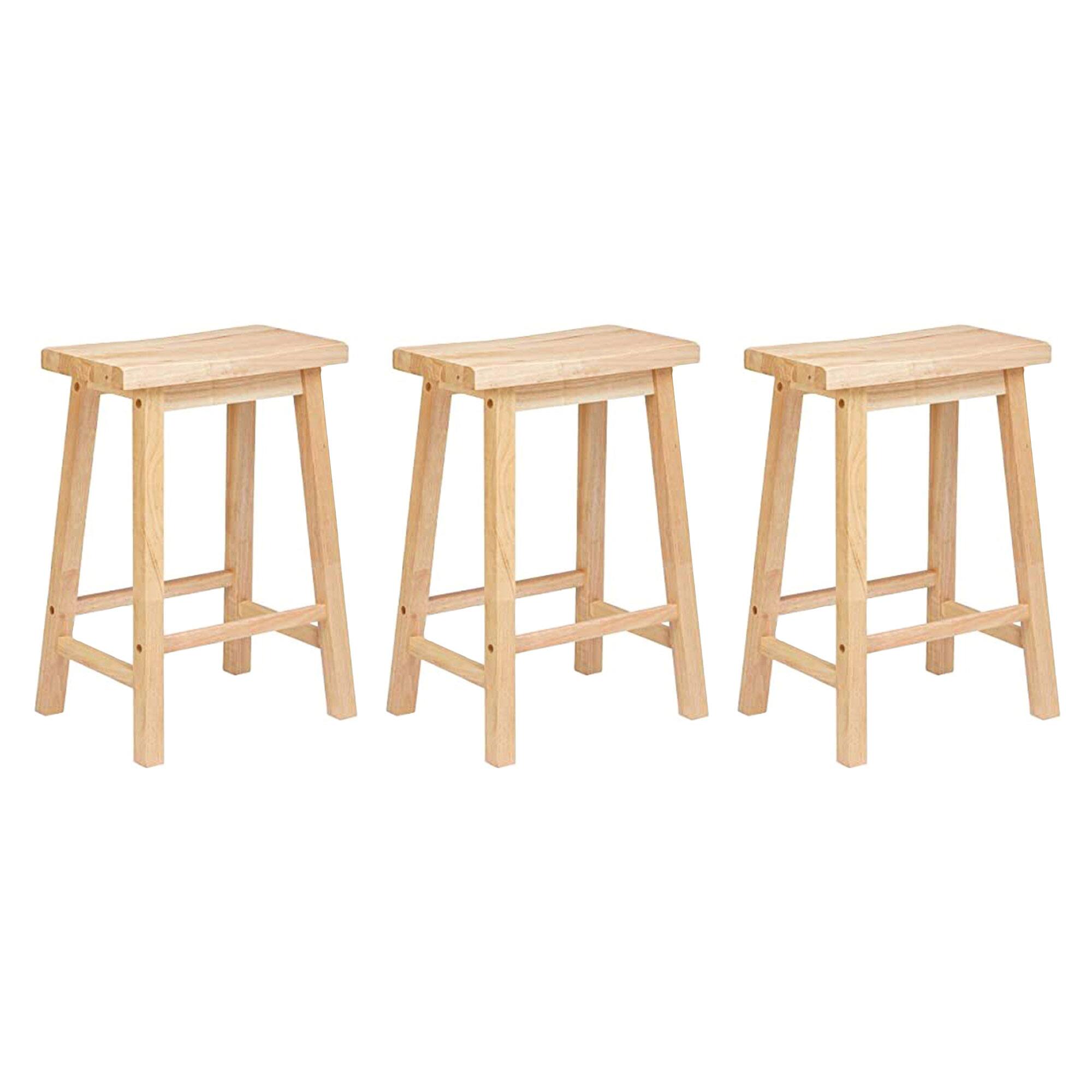 PJ Wood - Classic 24 Inch Saddle Seat Kitchen Bar Counter Stool, (3 Pack) - Natural