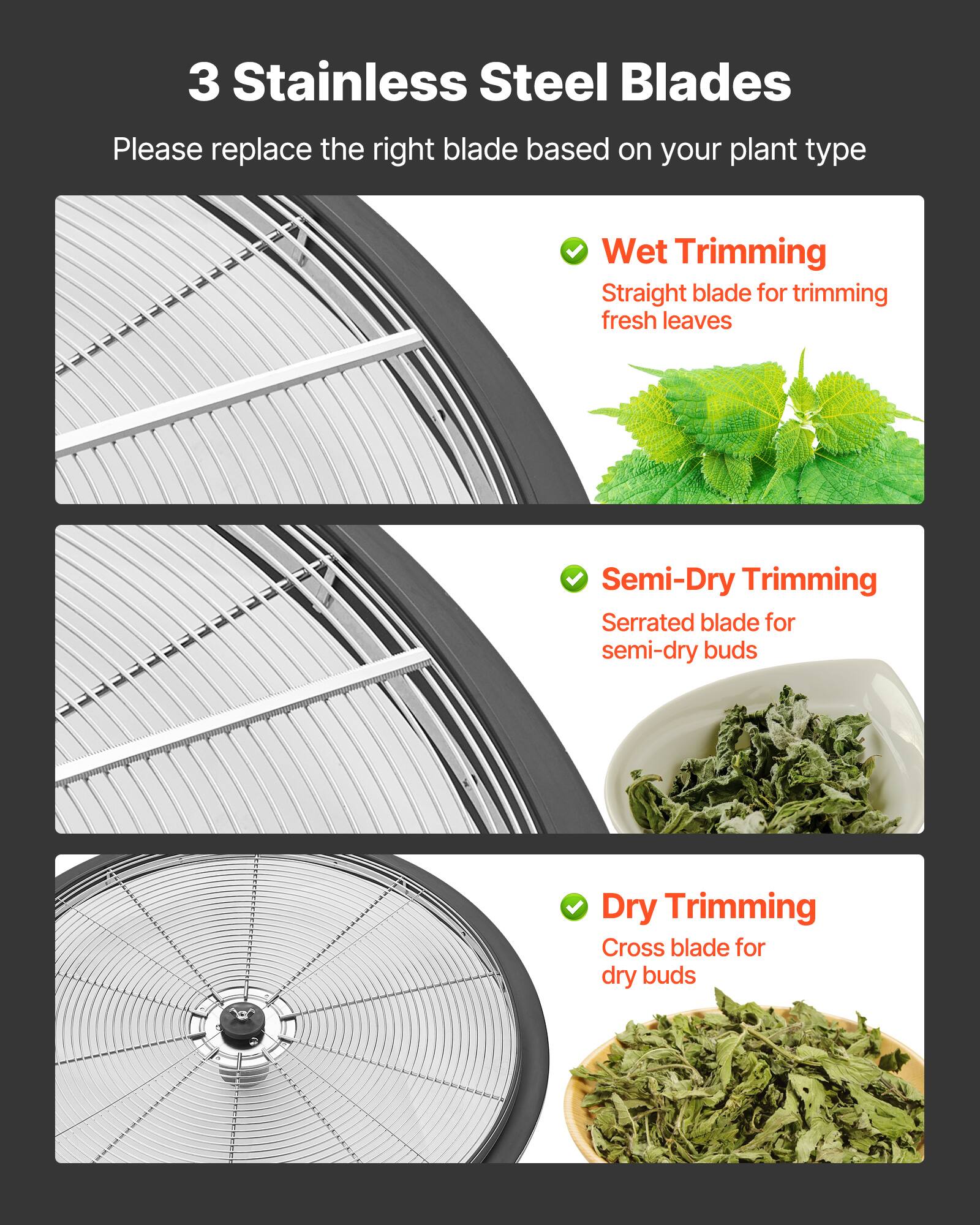 3 Stainless Steel Blades

Please replace the right blade based on your plant type

- Wet Trimming
  - Straight blade for trimming fresh leaves

- Semi-Dry Trimming
  - Serrated blade for semi-dry buds

- Dry Trimming
  - Cross blade for dry buds