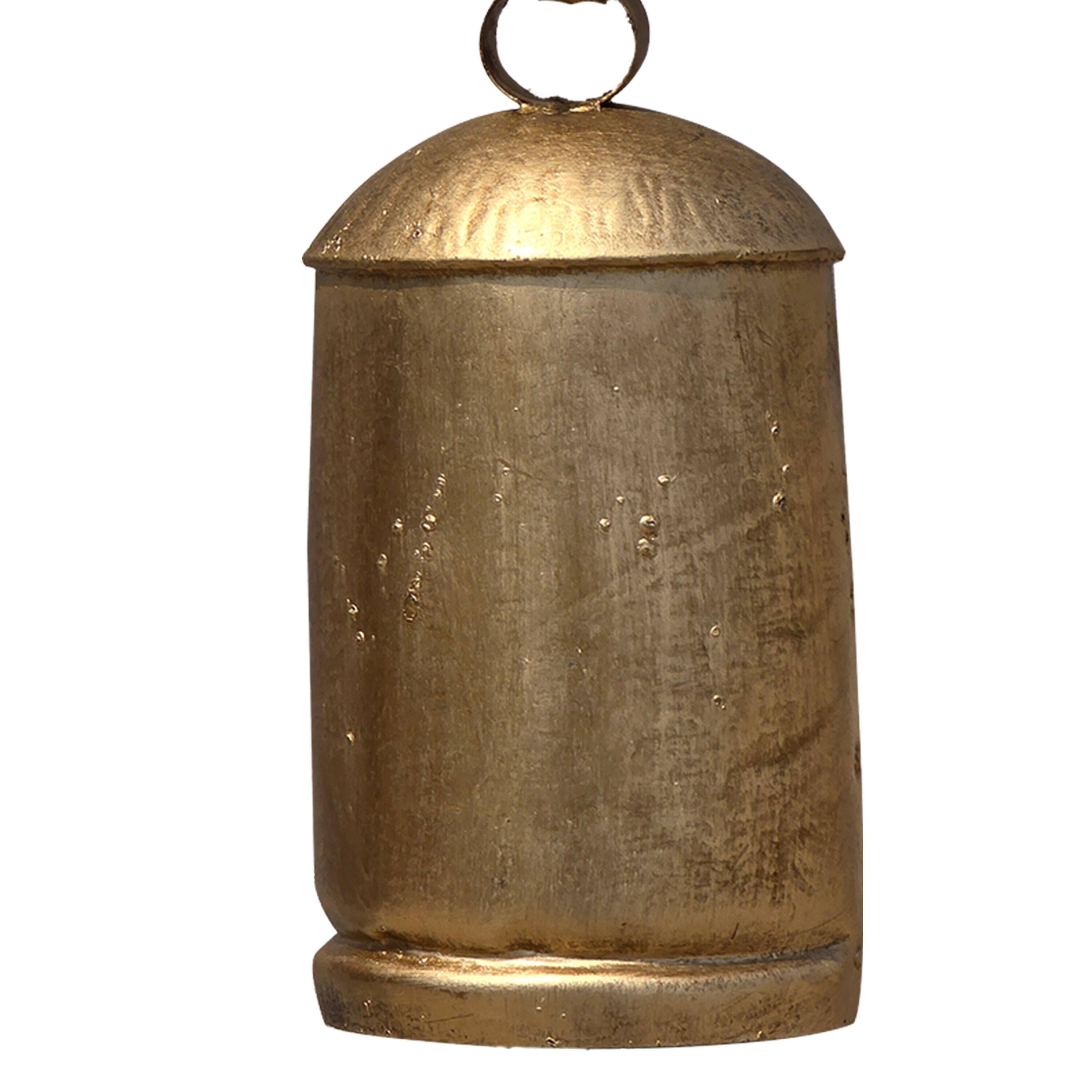 Alt View 1. Manhattan Lane - Zaira Decorative Iron Cow Bells Set of 3 | Cylindrical | Antique Gold Finish| Jute Hanging Rope | 20, 15, 12 Inches - Gold.