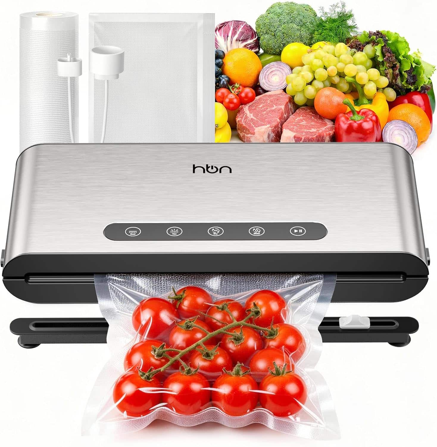 HBN - Commercial Vacuum Sealer, Automatic, Built-in Cutter & Bag Storage, Hands-Free Lid, Stainless Steel - Silver