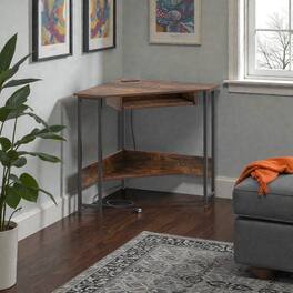 Hivvago - Corner Computer Desk with Integrated Power Outlets, Keyboard Tray, and Storage Rack - Rustic Brown
