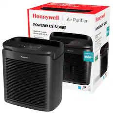 Honeywell is the brand of the air purifier shown in the image. The air purifier is part of the PowerPlus series, designed for medium to large rooms up to 200 square feet. It features a powerful HEPA filter that captures up to 99.97% of particles, including allergens, bacteria, viruses, and odors. The air purifier is certified by the American Lung Association and the EPA, ensuring its effectiveness in improving indoor air quality.