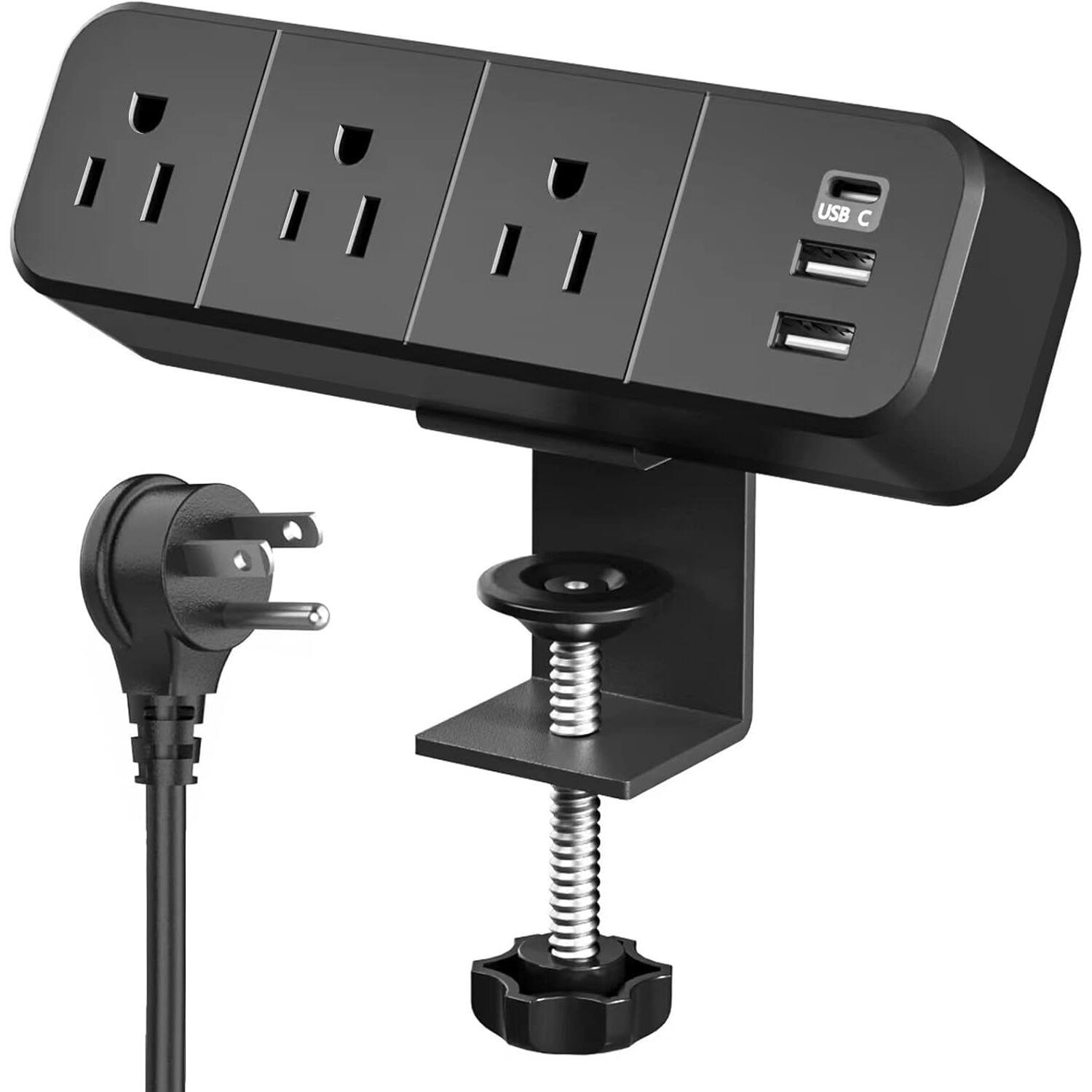 PARKER SLATER - Clamp Power Strip – 3 AC Outlets, 2 USB-A & 1 USB-C, 1625W Surge Protector, 6.5ft Cord - Black