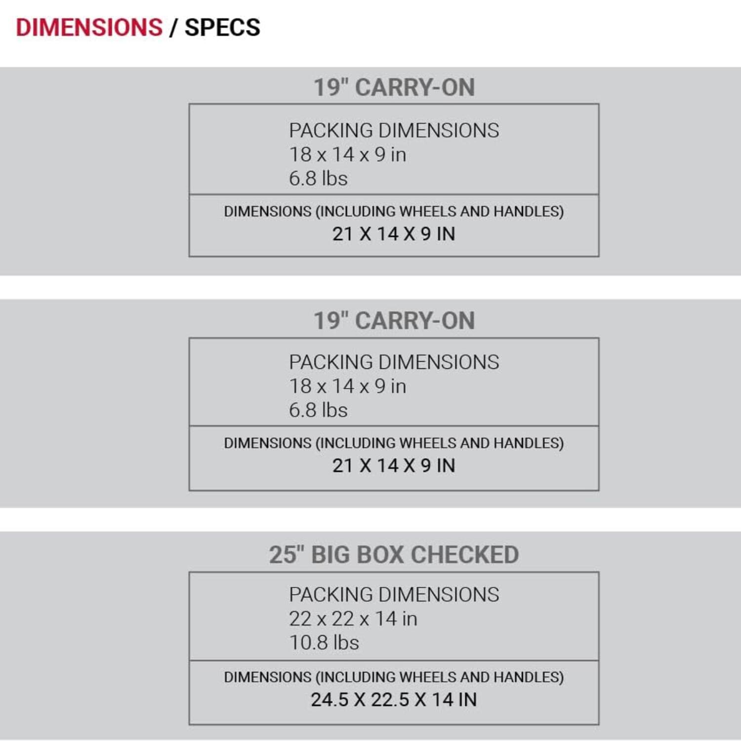 DIMENSIONS / SPECS

19" CARRY-ON  
Packing Dimensions: 18 x 14 x 9 in  
Weight: 6.8 lbs  
Dimensions (Including Wheels and Handles): 21 x 14 x 9 in

19" CARRY-ON  
Packing Dimensions: 18 x 14 x 9 in  
Weight: 6.8 lbs  
Dimensions (Including Wheels and Handles): 21 x 14 x 9 in

25" BIG BOX CHECKED  
Packing Dimensions: 22 x 22 x 14 in  
Weight: 10.8 lbs  
Dimensions (Including Wheels and Handles): 24.5 x 22.5 x 14 in