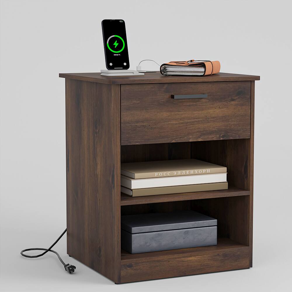 Front. Spaco - Nightstand with Charging Station,2 USB,Type C,Drawer,Adjustable Shelf - Brown.