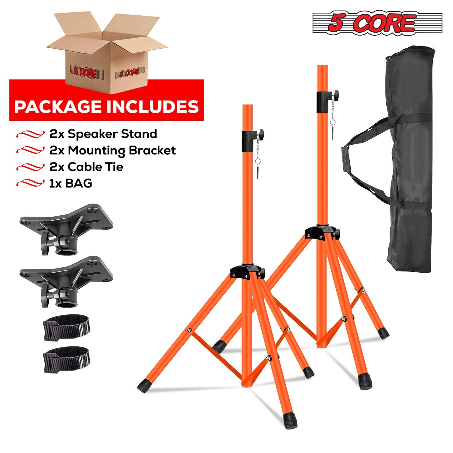 The corrected text from the image is:

"5 CORE PACKAGE INCLUDES
2x Speaker Stand
2x Mounting Bracket
2x Cable Tie
1x BAG"