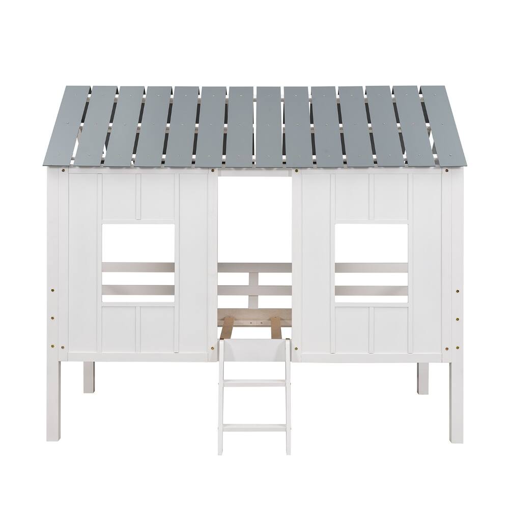Back. Loheer - Loheer Twin House Bed Low Loft Kids Playhouse Bed with Roof White - White.