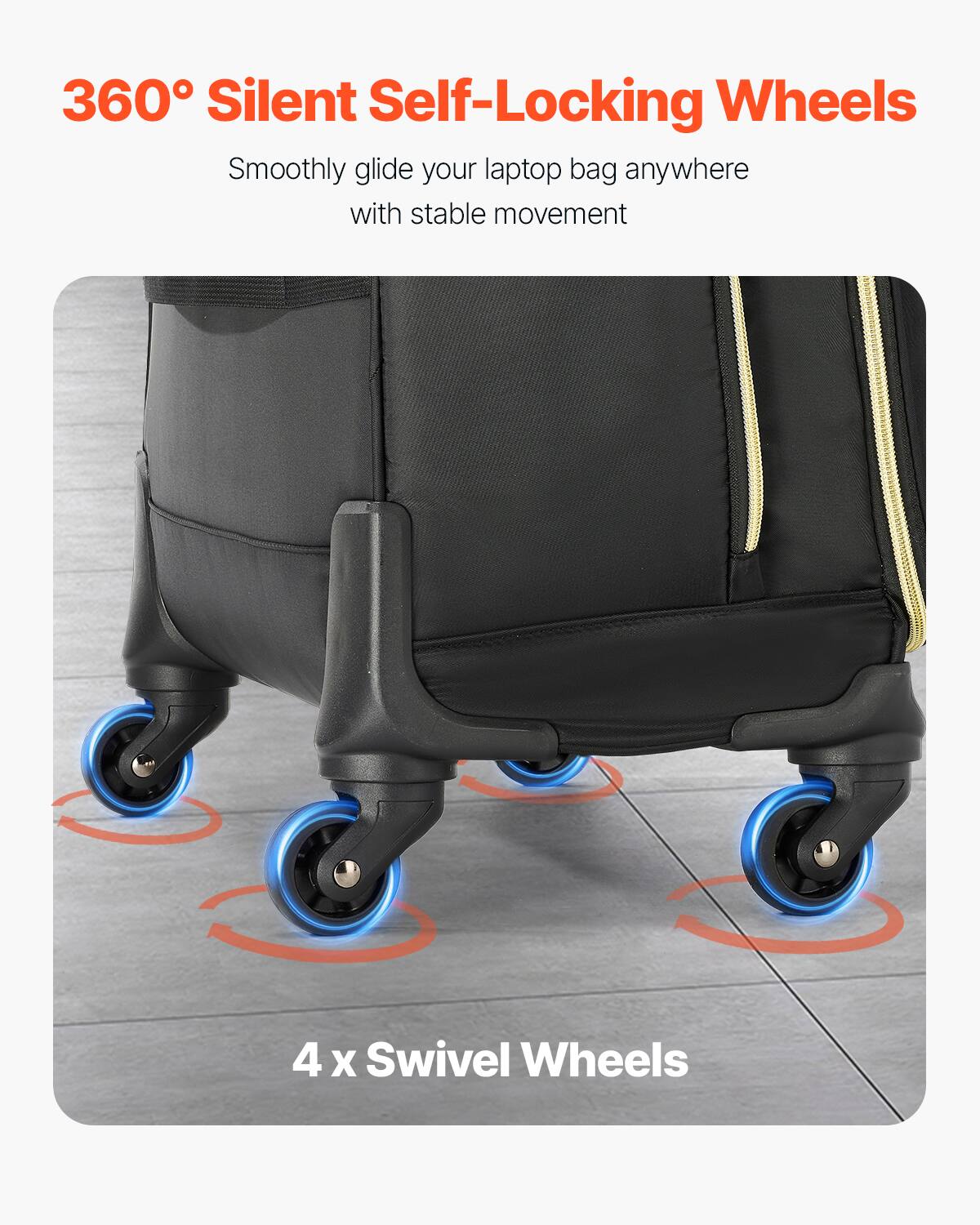 360° Silent Self-Locking Wheels

Smoothly glide your laptop bag anywhere with stable movement

4 x Swivel Wheels