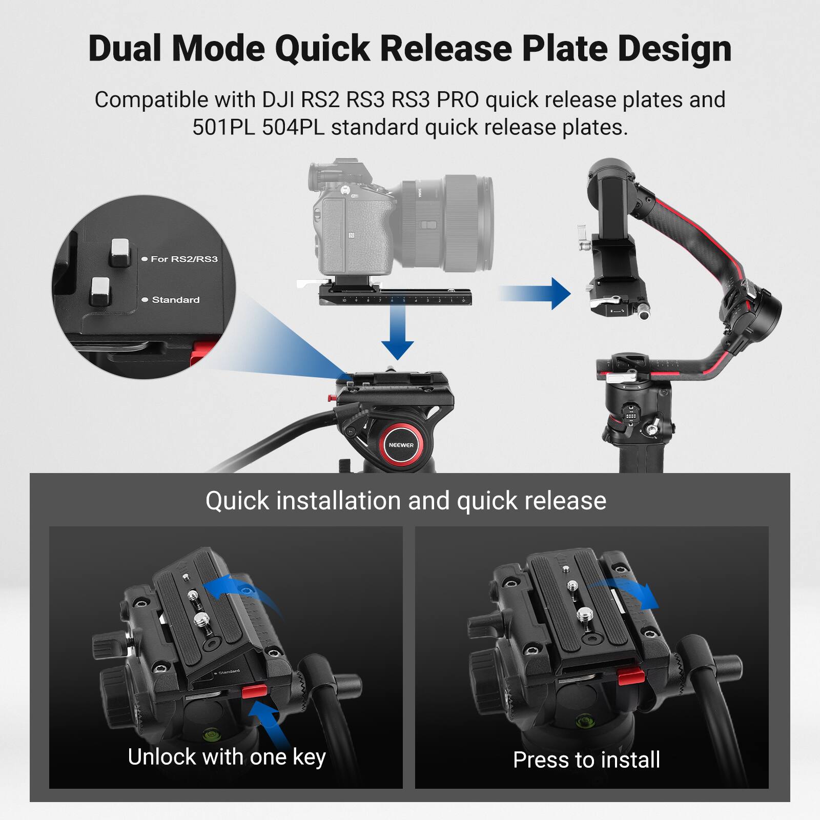 Dual Mode Quick Release Plate Design

Compatible with DJI RS2 RS3 RS3 PRO quick release plates and 501PL 504PL standard quick release plates.

- For RS2/RS3
- Standard

Quick installation and quick release

Unlock with one key

Press to install