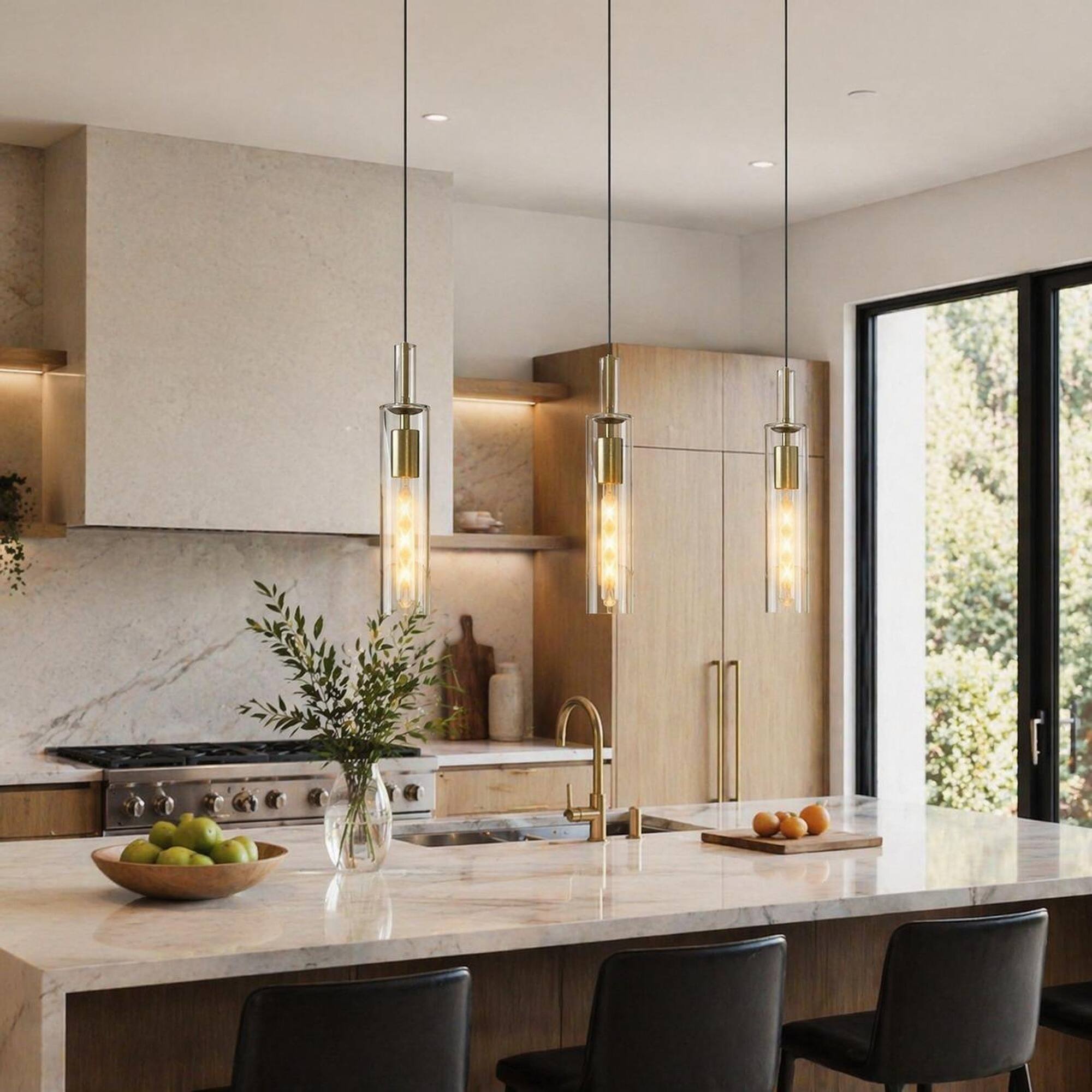 Alt View 2. RYHNUYNE - Set of 3 Gold Pendant Lights with Clear Ribbed Glass Shades, Adjustable Ceiling Hanging Lamps for Kitchen Island.