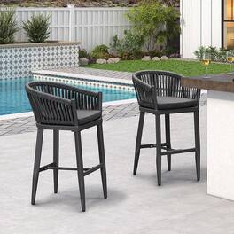 PURPLE LEAF - Outdoor Counter/Bar Height Stools Set of 2 Rattan Wicker Bar Chairs Woven Aluminum Barstools with Back and Cushions - Grey-Bar Stool