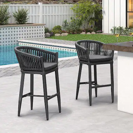 Front. PURPLE LEAF - Outdoor Counter/Bar Height Stools Set of 2 Rattan Wicker Bar Chairs Woven Aluminum Barstools with Back and Cushions - Grey-Bar Stool.