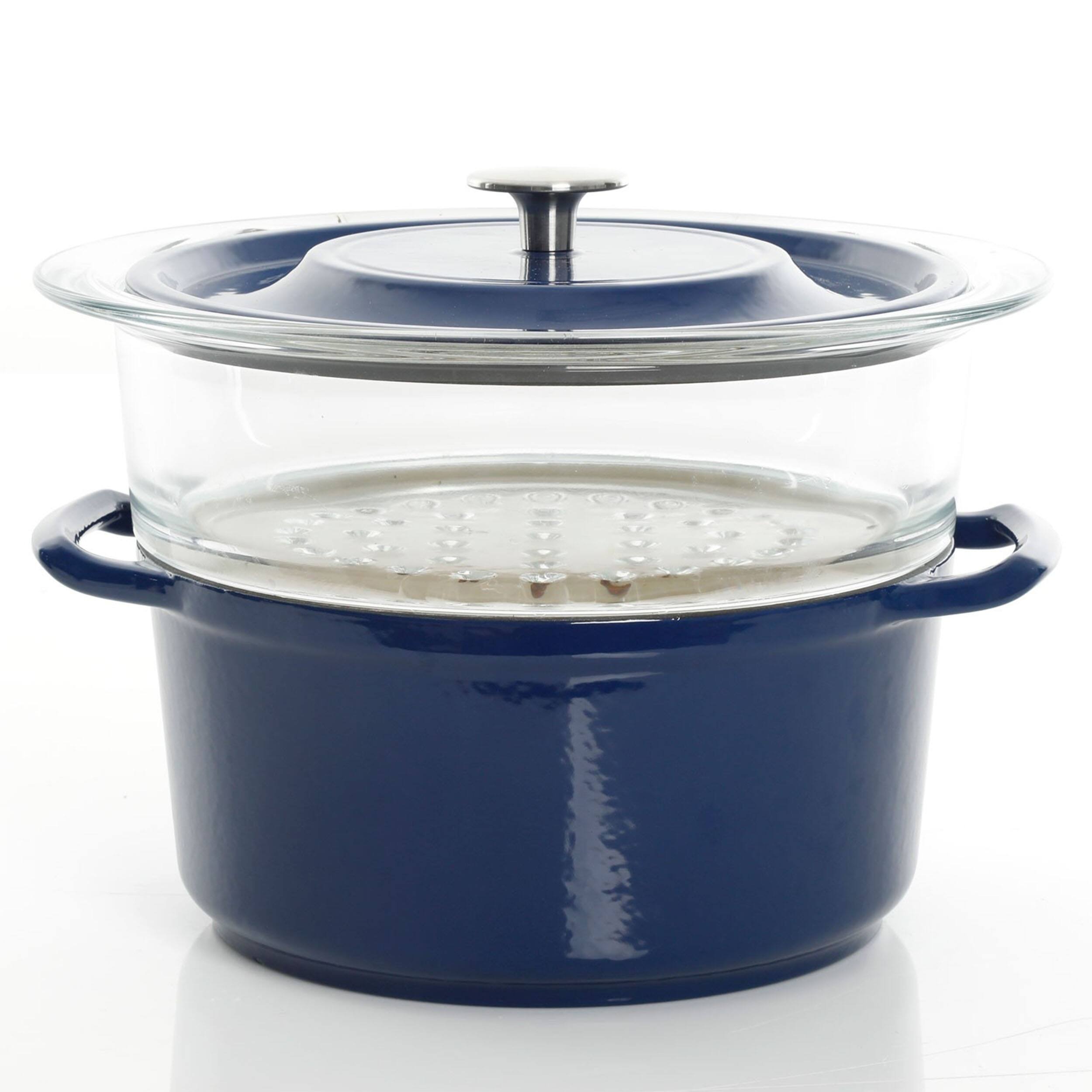 Alt View 4. Kenmore - Kenmore Elite Oak Park 5 Quart Enameled Cast Iron Casserole with Lid and Glass Steamer in Blue - Blue.