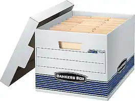 Bankers Box - Stor/File Medium-Duty FastFold File Storage Boxes, Lift-Off Lid, Letter/Legal Size/Blue, 4/Carton - White and Blue