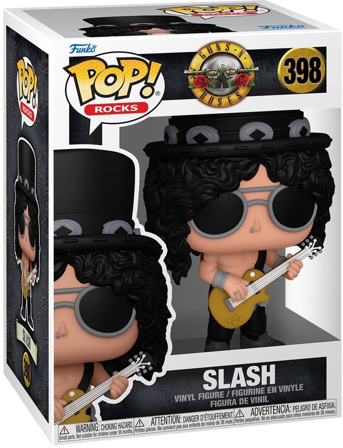 Sure, here is the corrected and grouped text from the image:

---

**Funko POP! ROCKS**

**GUNS N' ROSES**

**398**

**SLASH**

VINYL FIGURE / FIGURINE EN VINYLE / FIGURA DE VINIL

**WARNING: CHOKING HAZARD.** Small parts. Not suitable for children under 36 months.

**ATTENTION: DANGER D'ÉTOUFFEMENT.** Petites pièces. Ne convient pas aux enfants de moins de 36 mois.

**ADVERTENCIA: PELIGRO DE ASFIXIA.** Partes pequeñas. No es adecuado para niños menores de 36 meses.

---

This text is organized to reflect the information on the packaging.