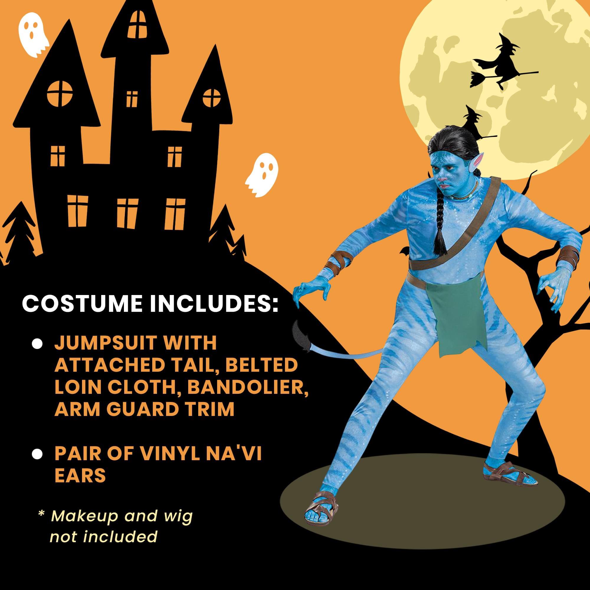 COSTUME INCLUDES:  
- JUMPSUIT WITH ATTACHED TAIL, BELTED LOIN CLOTH, BANDOLIER, ARM GUARD TRIM  
- PAIR OF VINYL NA'VI EARS  

*Makeup and wig not included