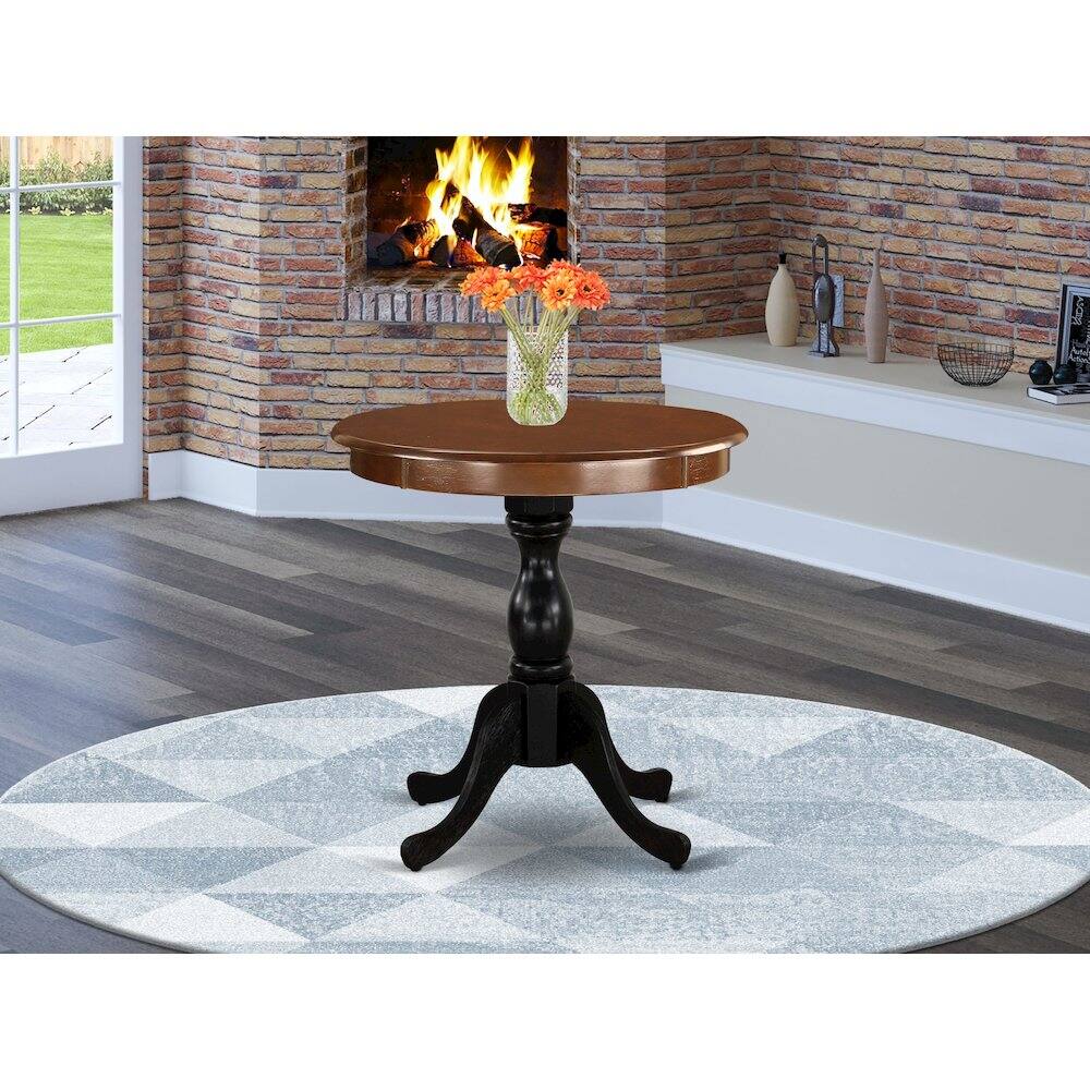 Left. East West Furniture - East West Furniture Eden 30" Round Dining Table for Small Space - Mahogany Top & Black Pedestal - Multi-Color.