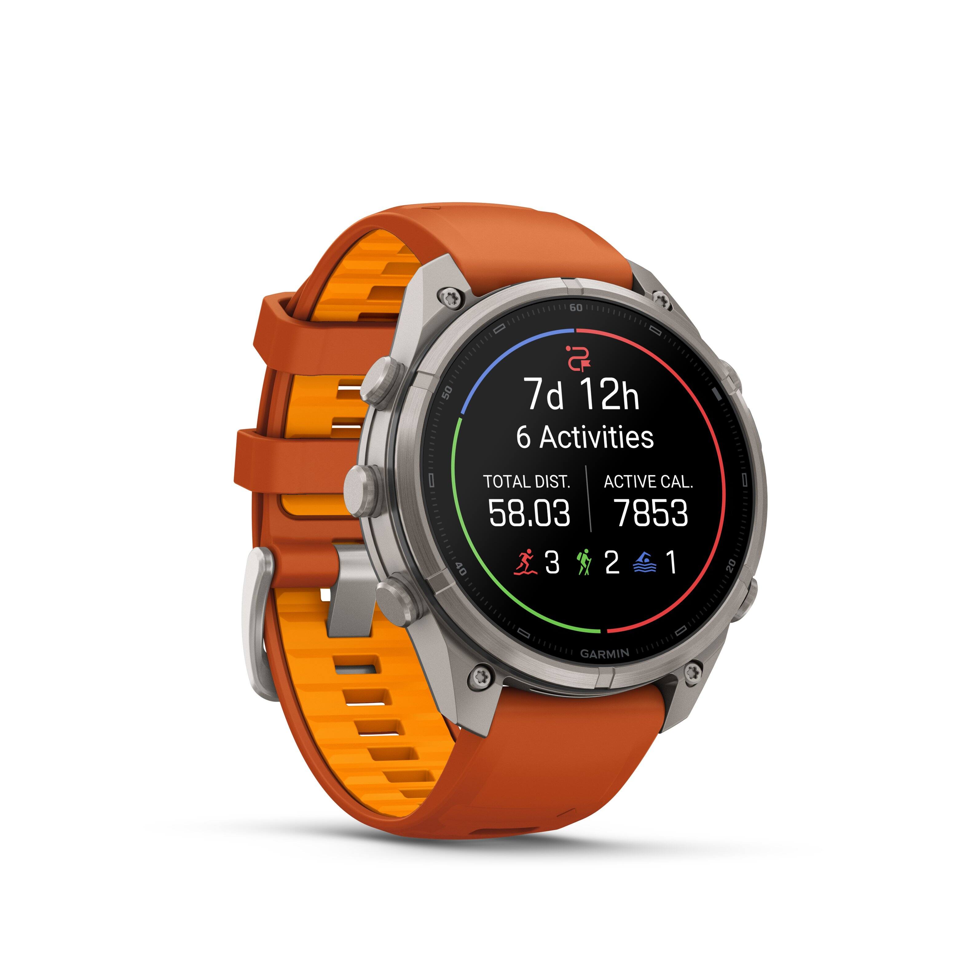 60  
50  
2 7d 12h 6 Activities  
TOTAL DIST. ACTIVE CAL. 58.03 7853 40 3 2 1  
20  
GARMIN