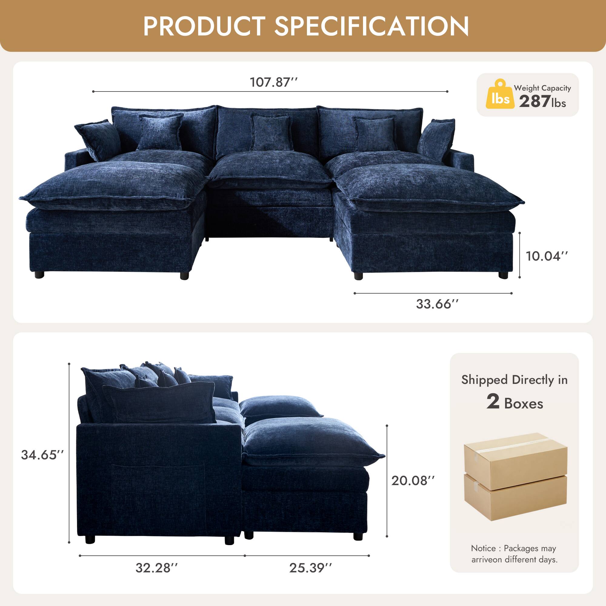 PRODUCT SPECIFICATION

- Weight Capacity: 287 lbs
- Dimensions:
  - 107.87" (length)
  - 33.66" (depth)
  - 34.65" (height)
  - 20.08" (seat height)
  - 32.28" (seat width)
  - 25.39" (seat depth)
  - 10.04" (back height)

- Shipped Directly in 2 Boxes

Notice: Packages may arrive on different days.